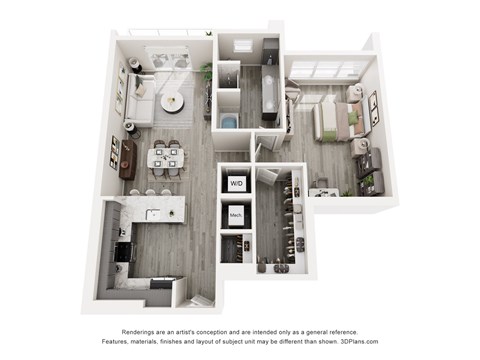 Floor plan for 1 bed, 1 bath, 990 sqft